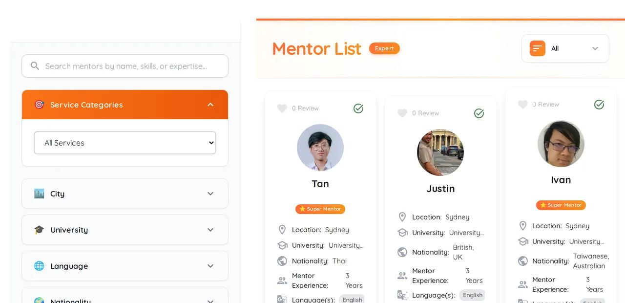 The mentor directory, where an approved profile appears alongside other student mentors