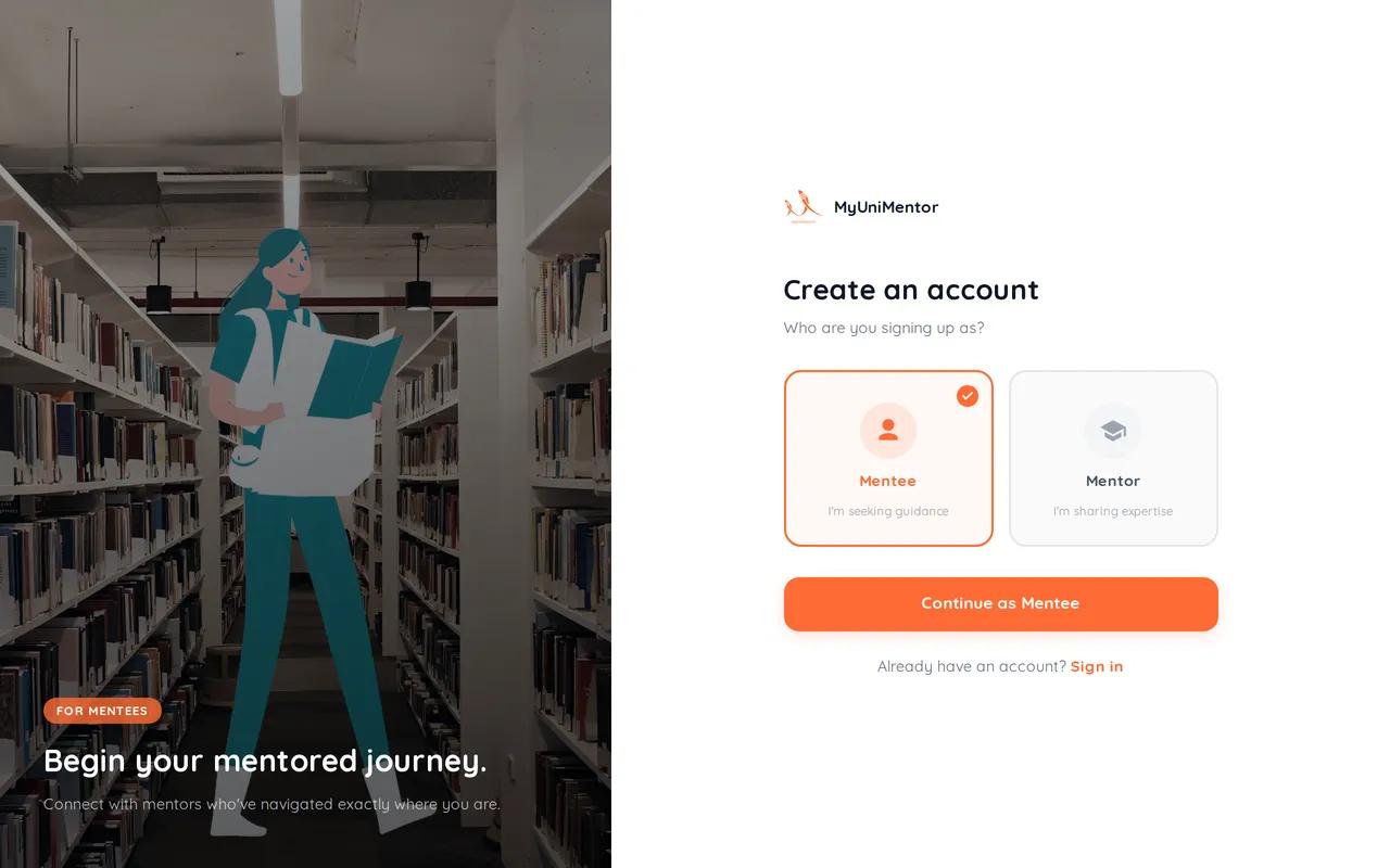 The MyUniMentor sign-up screen, with Mentee and Mentor to choose between