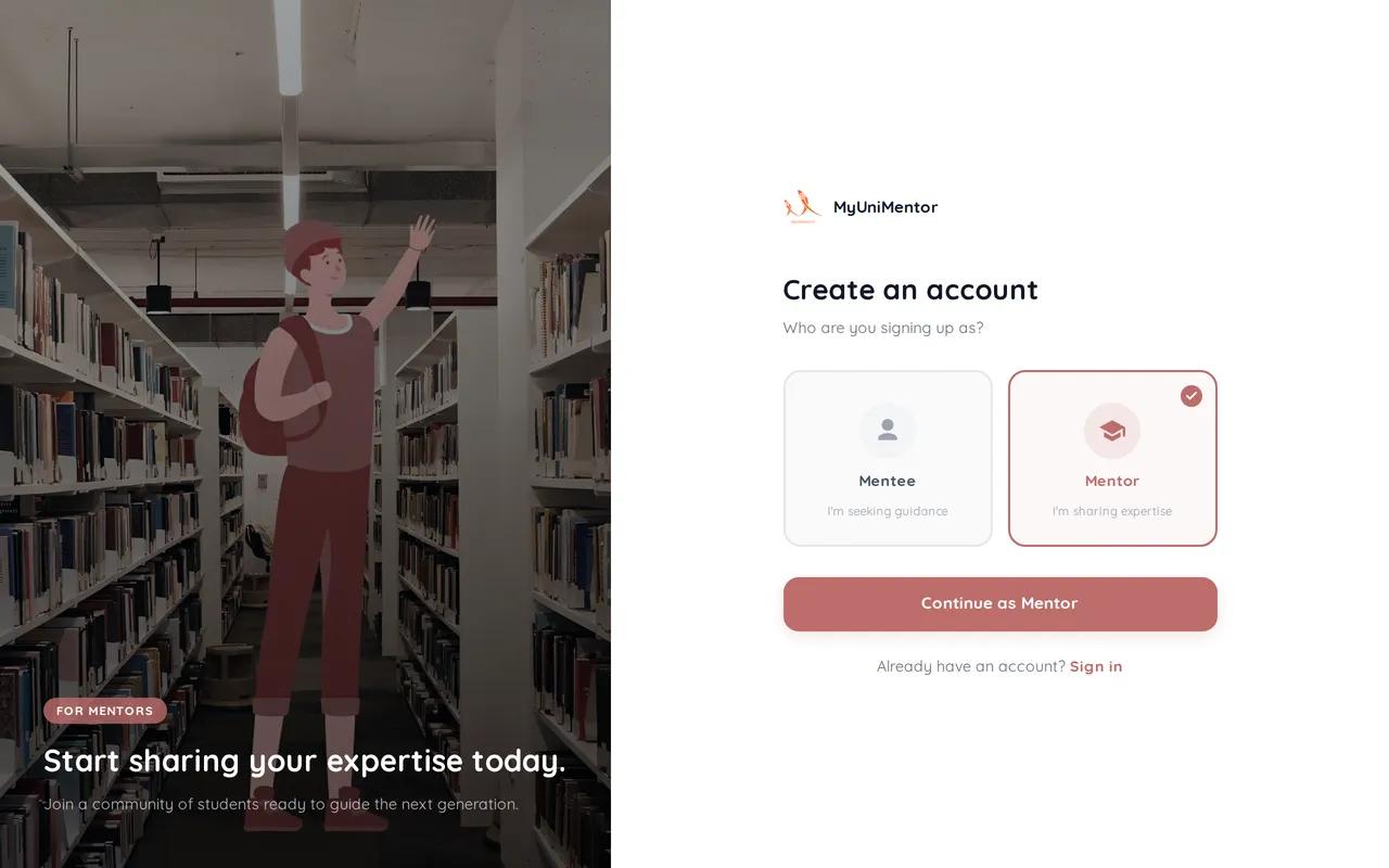 The MyUniMentor sign-up screen with Mentor selected
