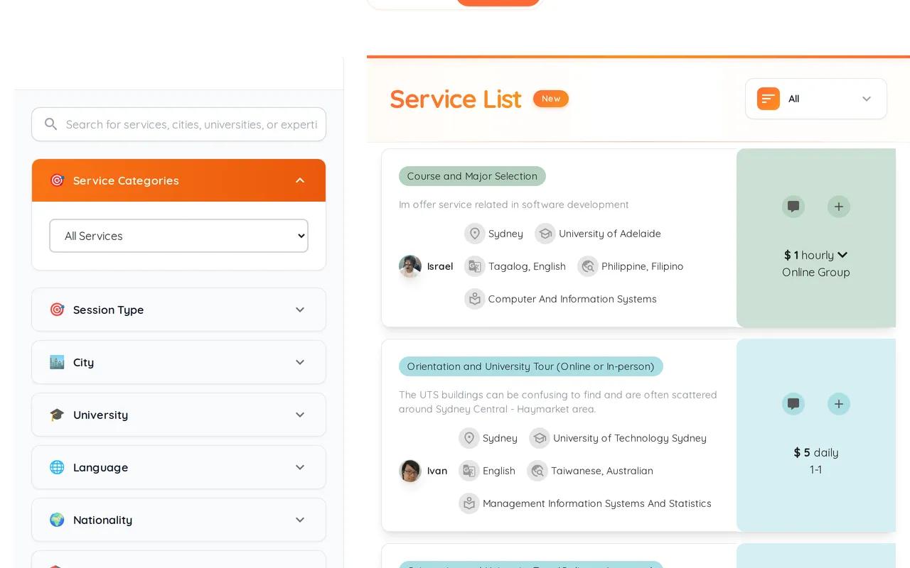 The service listings, showing what mentors offer and what each costs